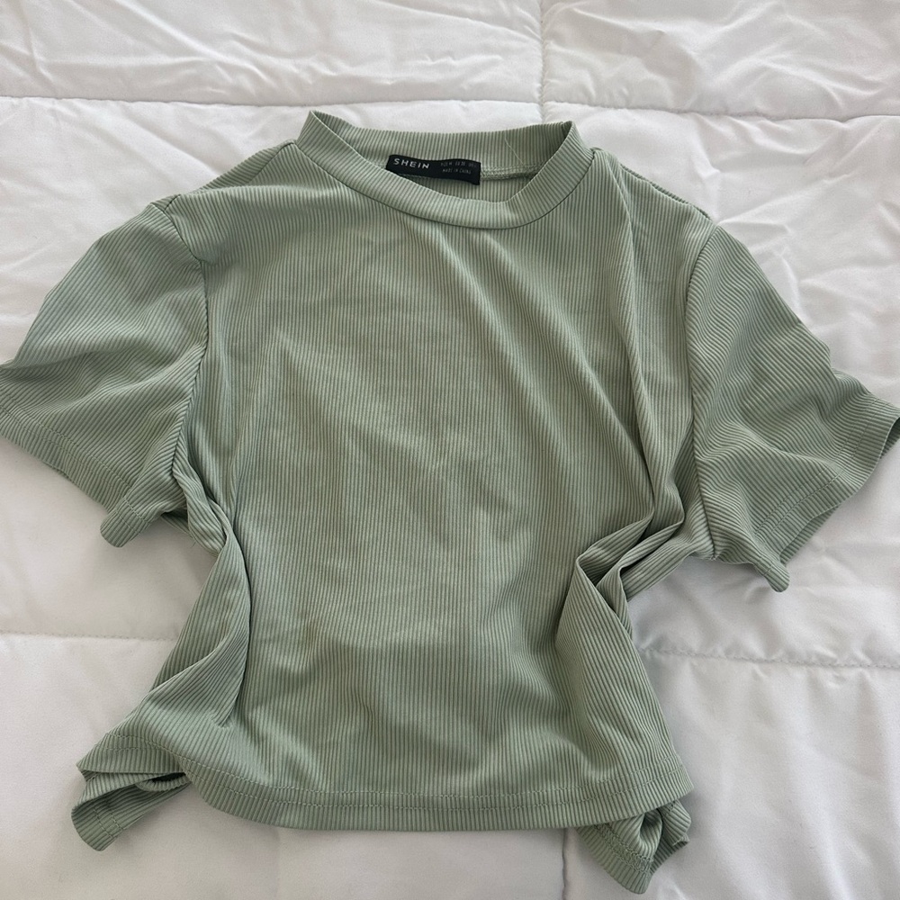 Sage Ribbed Crewneck Short Sleeve Backless Top